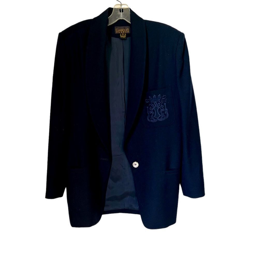 Classiques 100% Pure Wool Classic Single button Navy Blue Crest Blazer Jacket S